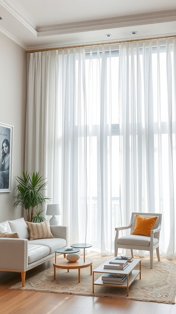 A bright living room featuring white curtains with silver hardware, a light sofa, and a cozy rug.