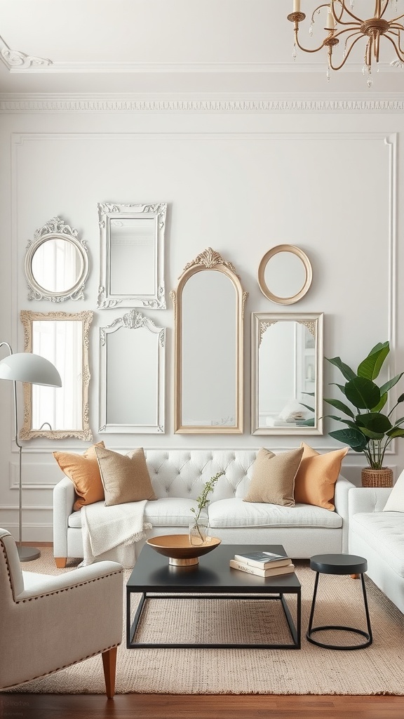 Living room with white decorative mirrors in beige frames and modern furniture