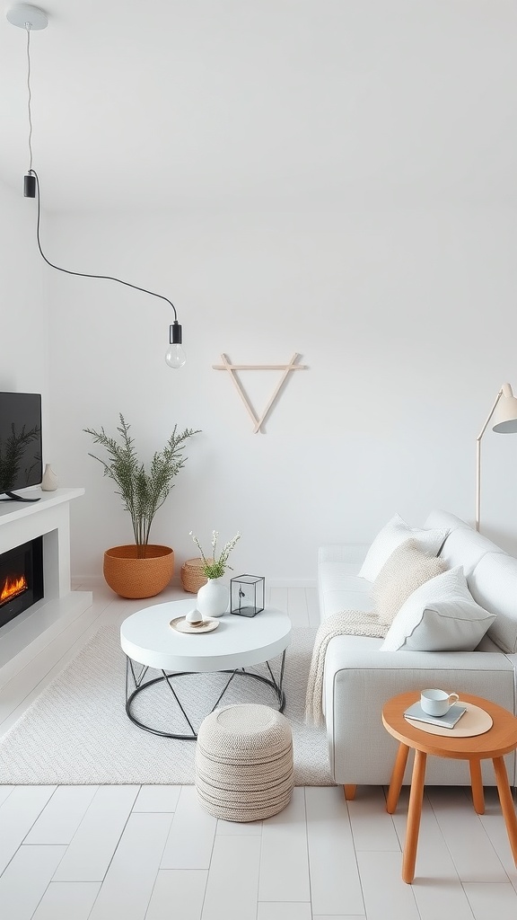 A serene Scandinavian-style living room featuring a white couch, round coffee table, and natural decor elements.