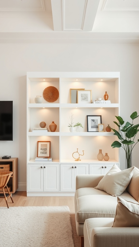 White shelving unit with beige decor items in a living room