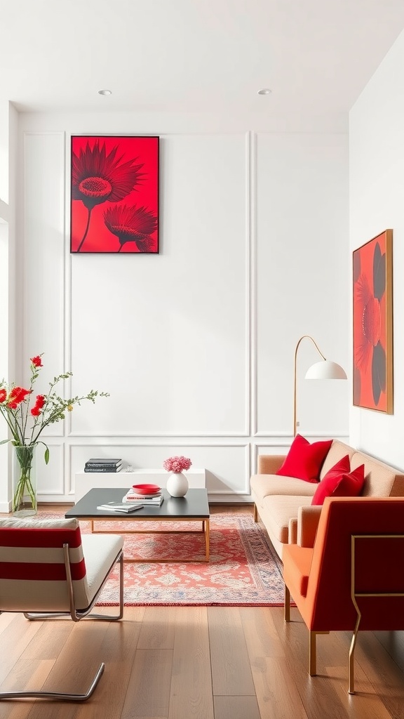 Living room with white walls and red artwork, featuring a cozy sofa and stylish decor.