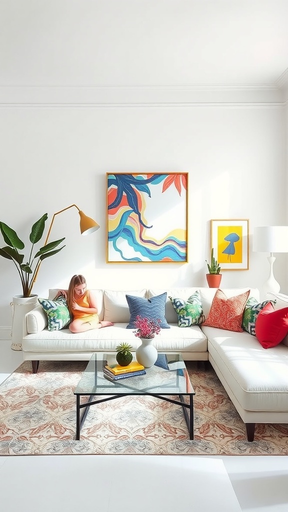 A bright white living room featuring a colorful arrangement of pillows, artwork, and plants, creating a cheerful atmosphere.