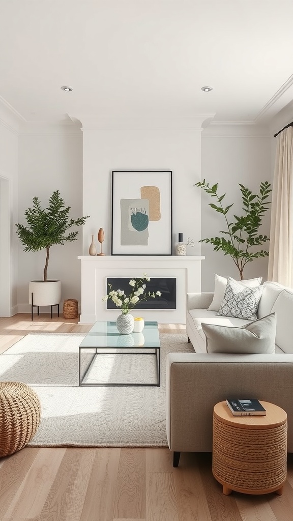 A bright living room with white walls, a beige sofa, potted plants, and a glass coffee table, featuring earthy accents.