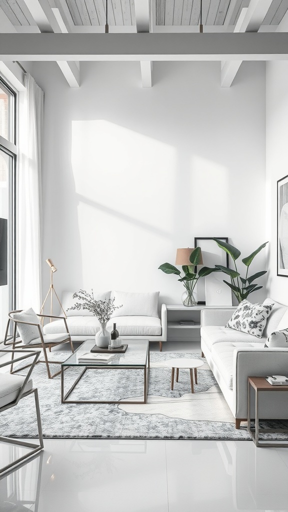 A bright, white living room featuring mixed materials like soft sofas, glass tables, and natural plants.