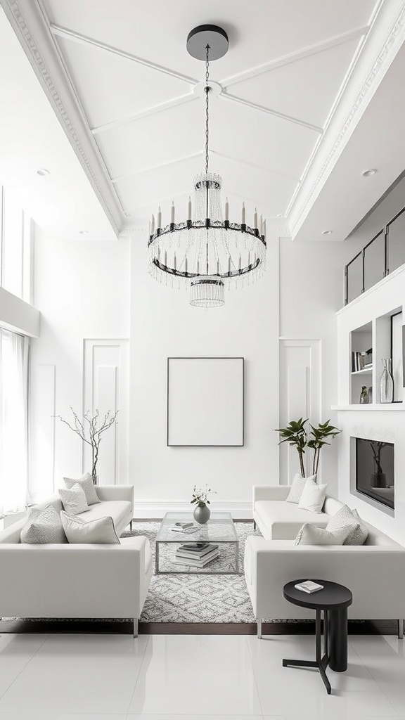 Bright white living room featuring a chandelier, white sofas, and plants.