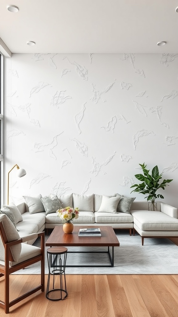 A stylish white living room featuring textured walls, a sectional sofa, a wooden coffee table, and a houseplant.