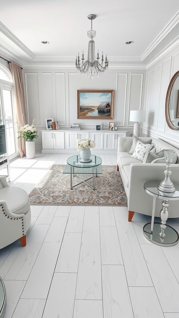 A bright living room featuring white wood flooring and silver decor accents.