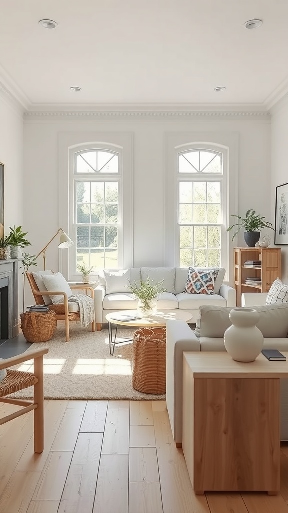 A bright living room with whitewashed wood accents, featuring large windows, a light hardwood floor, and cozy decor.