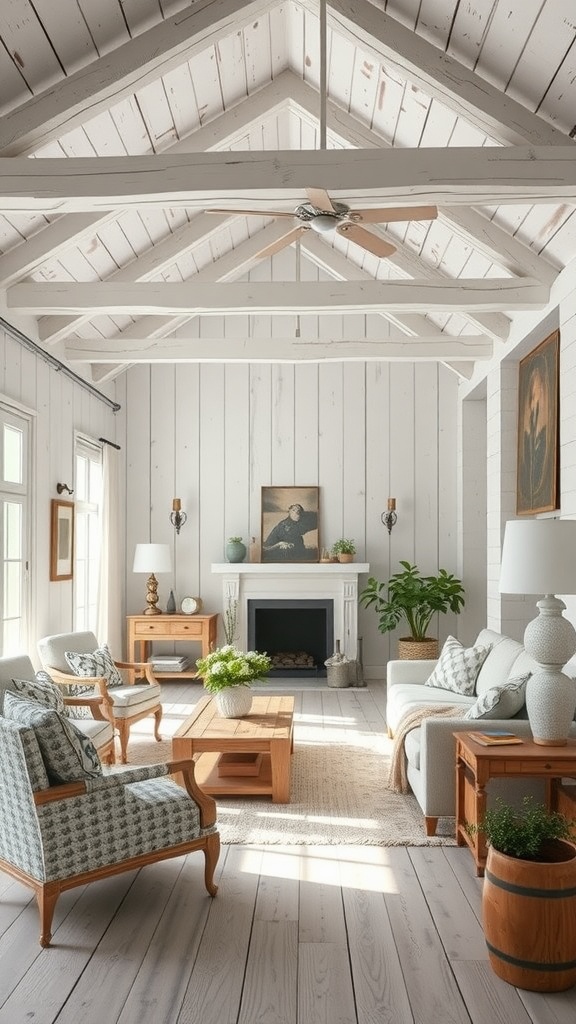 Bright living room with whitewashed wood elements and wooden furniture