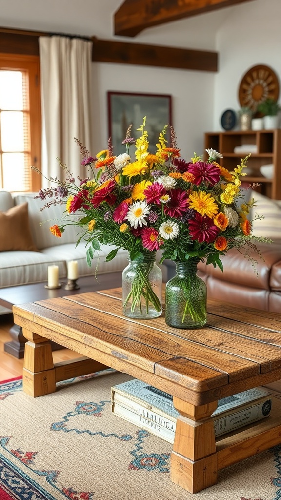 A vibrant wildflower bouquet in glass jars on a rustic wooden coffee table in a ranch-style living room.