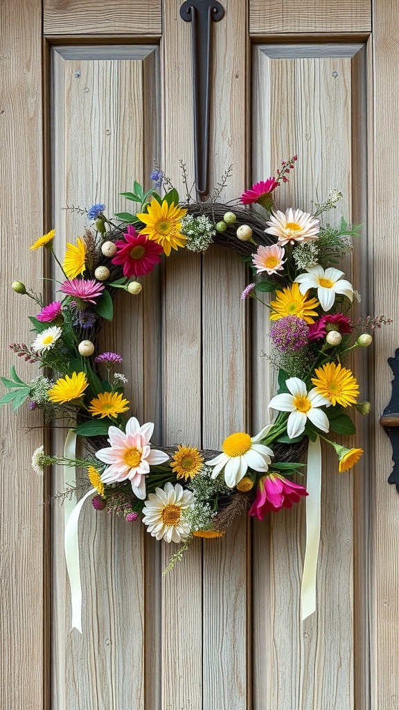 A colorful wildflower wreath with daisies, sunflowers, and pink flowers hanging on a wooden door.