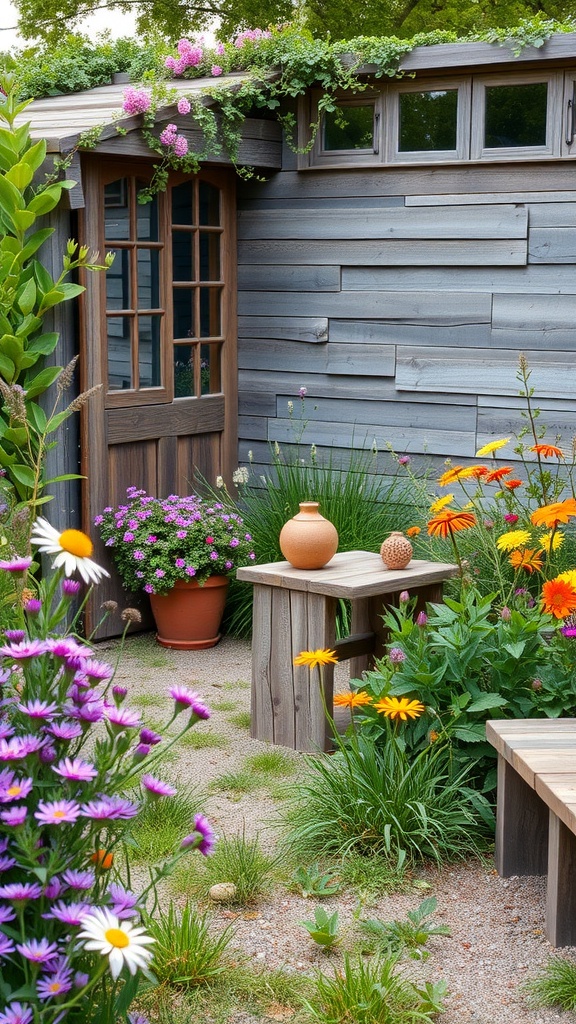 A cozy outdoor living room surrounded by wildflowers, featuring wooden furniture and a charming door.