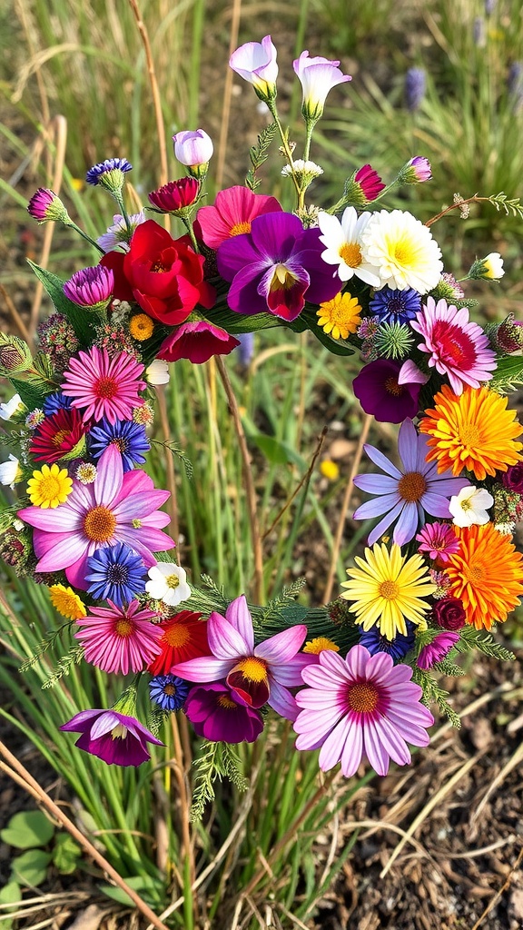 A vibrant Wildflower Meadow Wreath made of various colorful flowers.