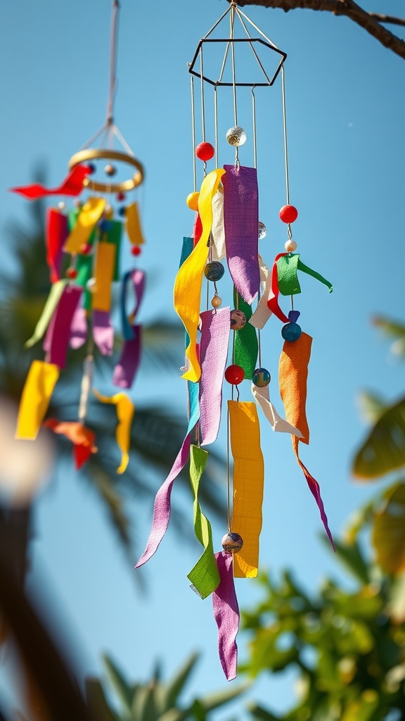 Colorful wind chimes made from recycled materials hanging from a tree against a blue sky.