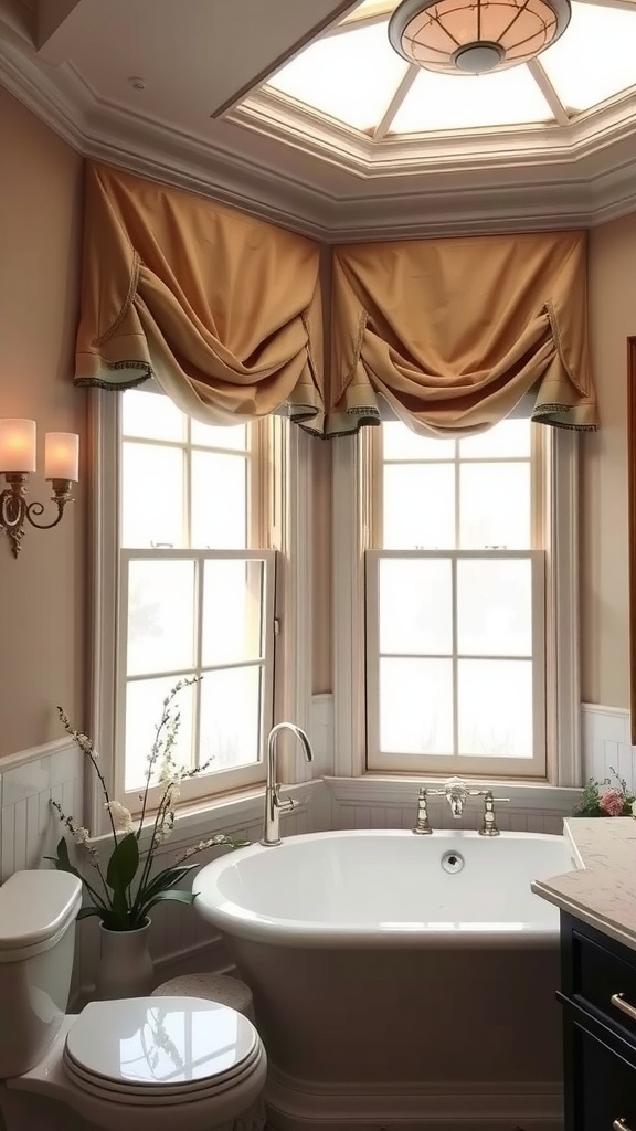 A warm and inviting bathroom featuring elegant golden drapery over windows, a freestanding bathtub, and soft lighting.