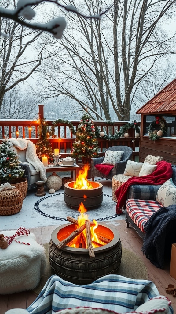 A beautifully decorated winter patio featuring cozy seating, a fire pit, and Christmas trees, set against a snowy backdrop.