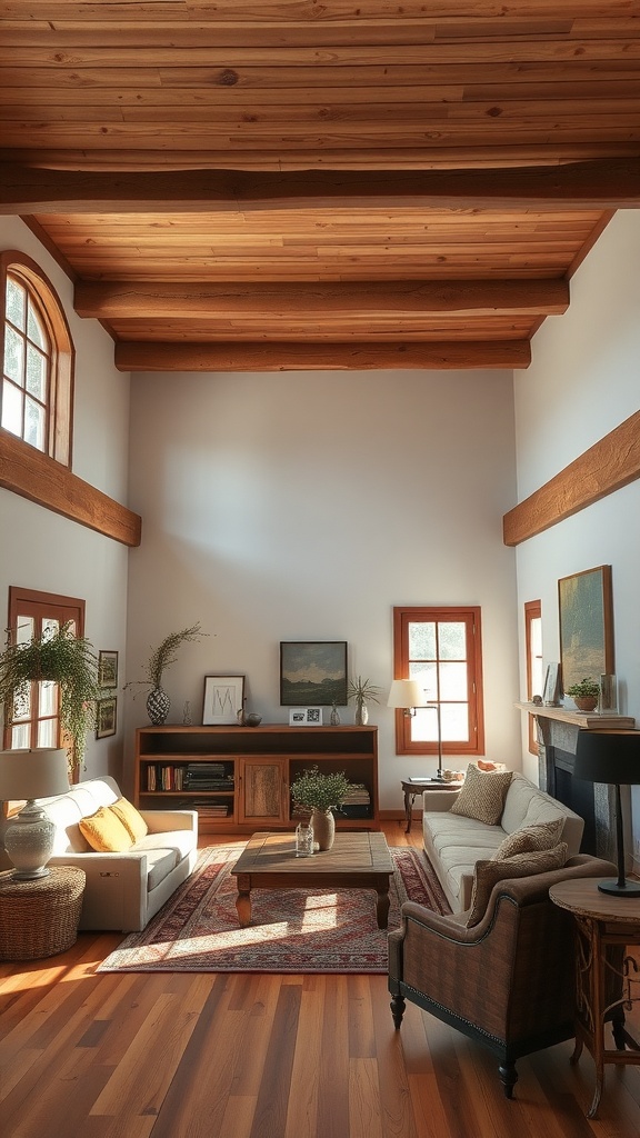 A sunken living room with wooden beam accents on the ceiling and cozy furnishings