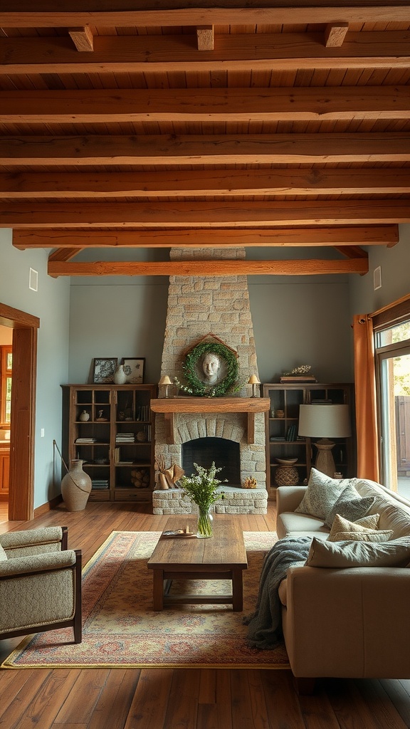 Cozy living room with exposed wood beams and a stone fireplace