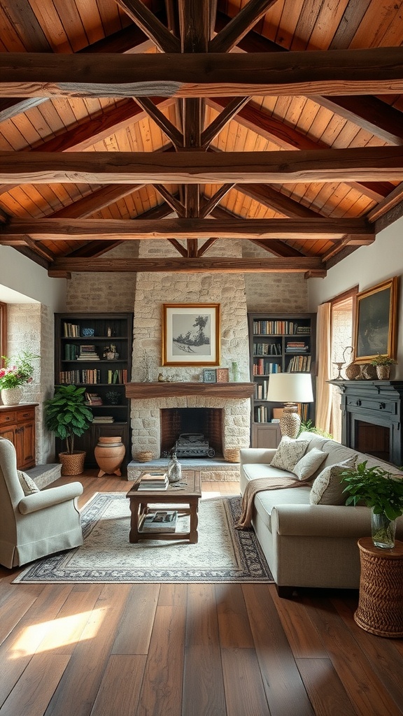 A cozy living room with wooden beams, stone fireplace, and rustic accents.