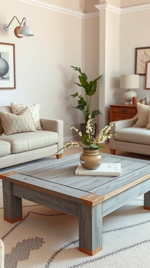 Wooden coffee table with a grey finish in a living room setting, surrounded by beige sofas and a vase of flowers.