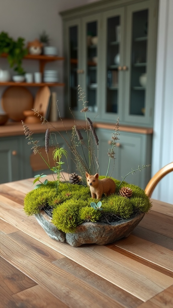 Woodland-themed centerpiece with moss, plants, and a fox figurine on a kitchen table