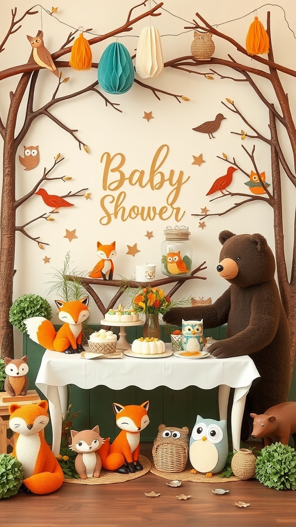 Woodland creatures themed baby shower setup with plush animals and rustic decorations.