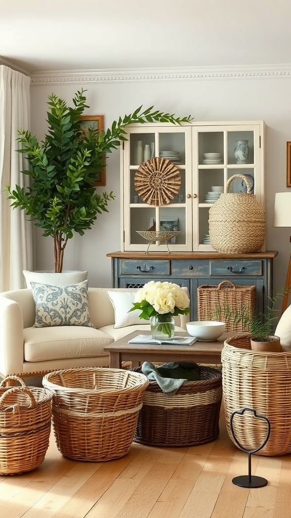 A cozy French country living room featuring a variety of woven baskets, a potted plant, and a wooden cabinet.