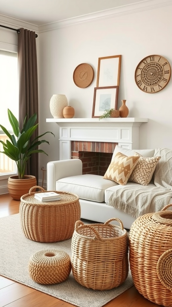 Living room featuring various woven baskets for storage, a couch, and a fireplace.