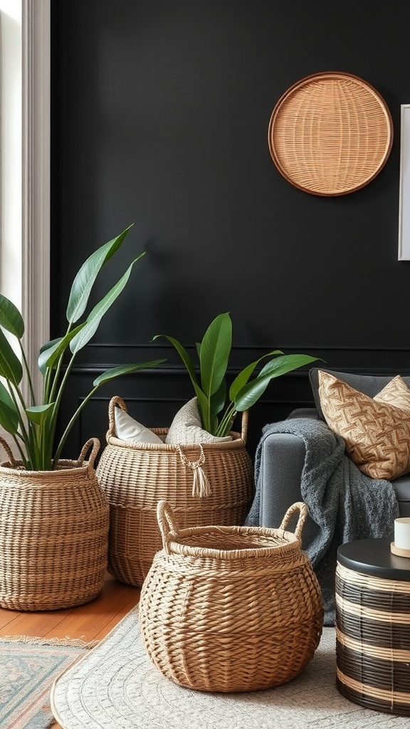 A cozy living room featuring woven baskets for storage, plants, and soft textiles against a black wall.