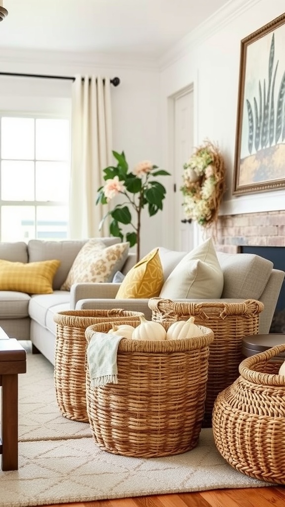 Cozy living room with woven baskets used for storage, featuring decorative pillows and a plant