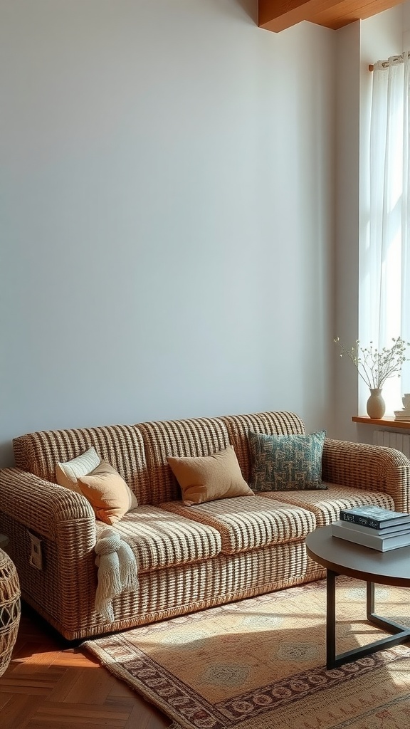 A cozy living room featuring a woven sofa with cushions, a round coffee table, and a patterned rug.