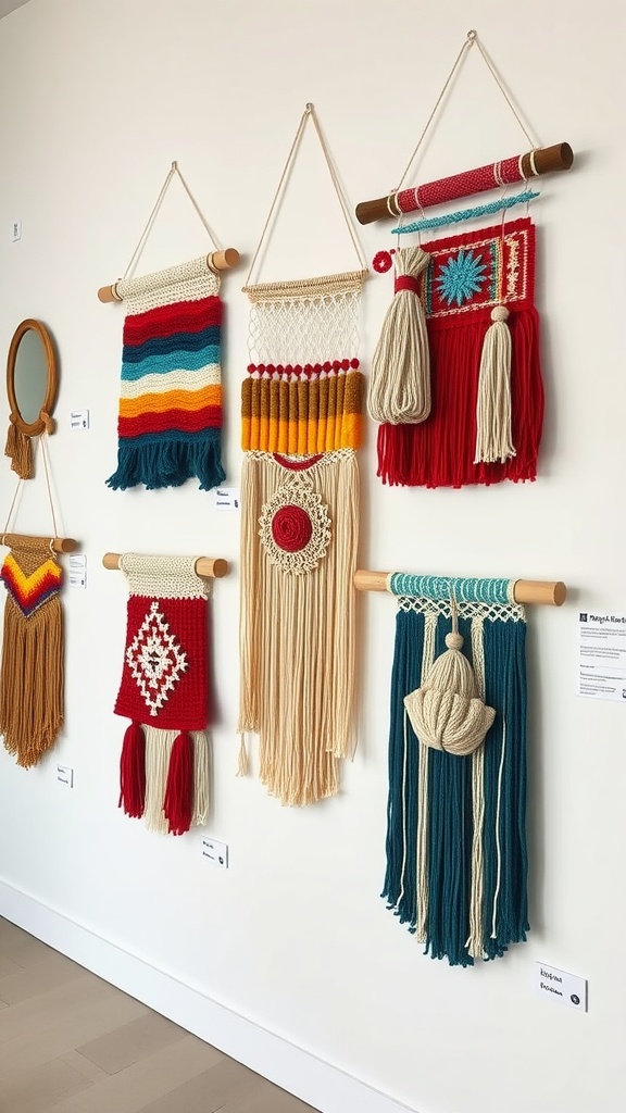 Colorful woven wall hangings displayed on a wall