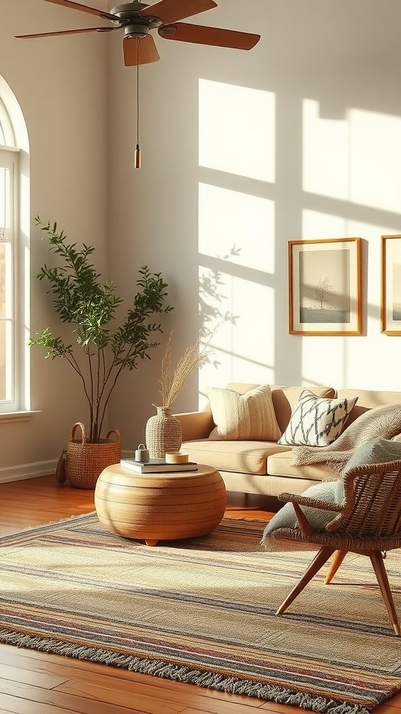 A cozy living room featuring a woven wool rug, a light-colored sofa, a wooden coffee table, and a potted plant.