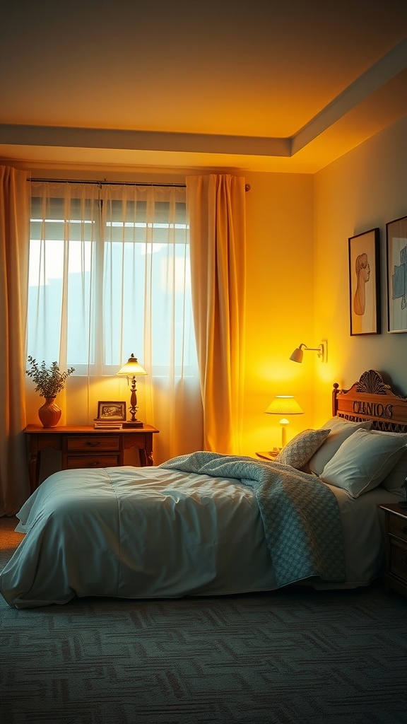 A cozy bedroom with yellow-tinted lighting, featuring a bed, nightstand, and curtains.