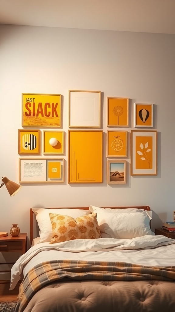 A cozy bedroom featuring a wall display of yellow-toned art pieces above a neatly made bed.