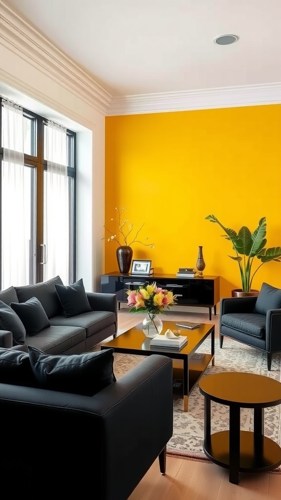 Living room with a yellow accent wall and black furniture, featuring comfortable sofas and decorative plants.