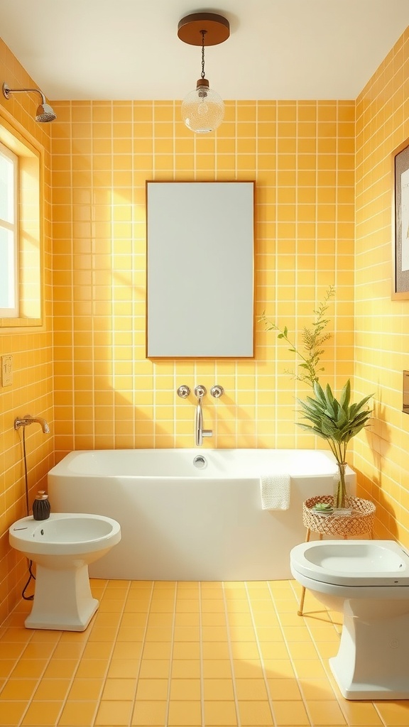 Bright yellow tiled bathroom with a white bathtub and potted plant.