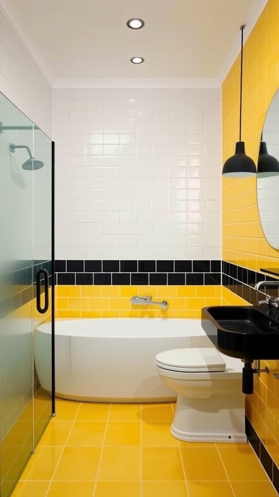 A modern bathroom featuring yellow tiles with black accents, white walls, and a sleek freestanding bathtub.