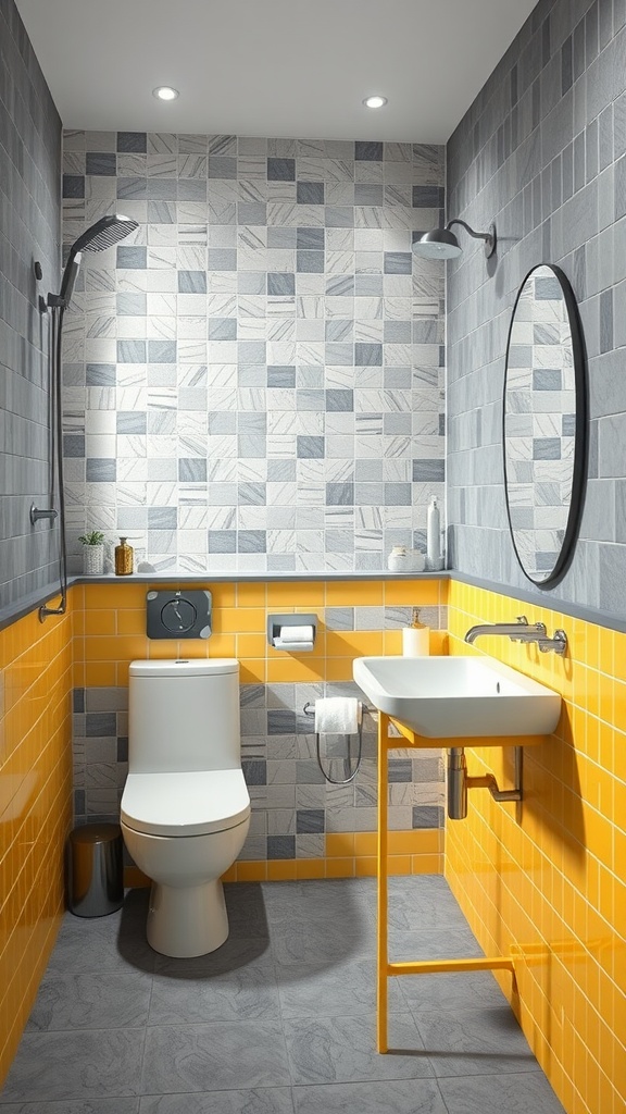 A bathroom featuring a yellow and gray color scheme, with yellow tiles on the lower walls and stylish gray tiles above.