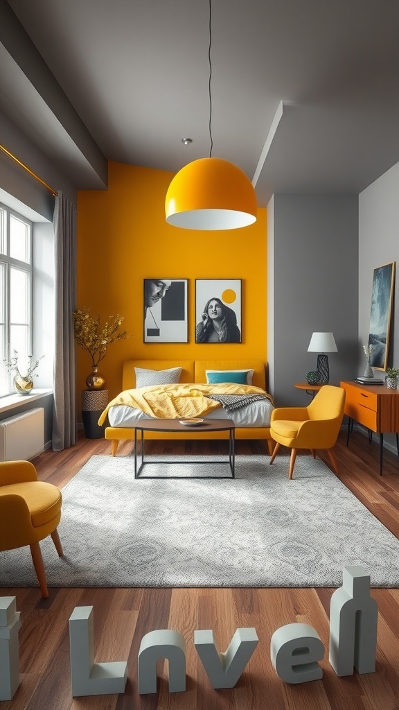 A stylish bedroom featuring a yellow and gray color scheme with a vibrant yellow wall, gray accents, and cozy furniture.