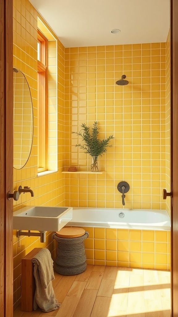 Bright yellow tiled bathroom with natural wood accents