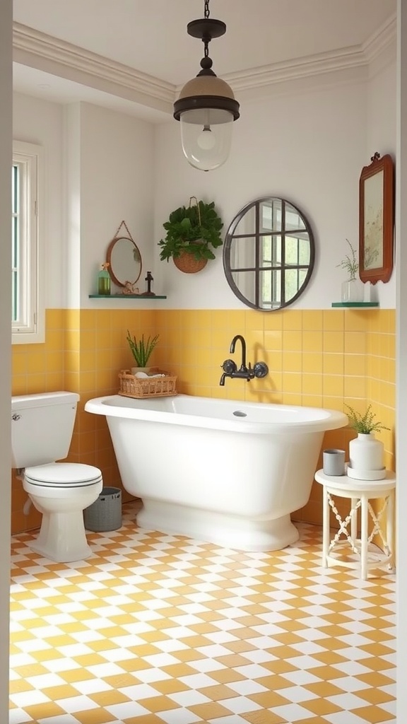 A bright bathroom featuring a yellow and white checkerboard floor, yellow tiled walls, a white bathtub, and decorative plants.