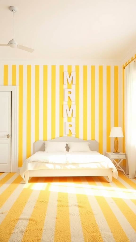 A bright bedroom featuring yellow and white striped wallpaper, a cozy bed, and matching striped rug.