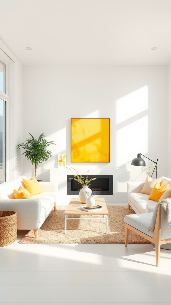 Living room featuring yellow artwork as a focal point with white furniture and bright natural light