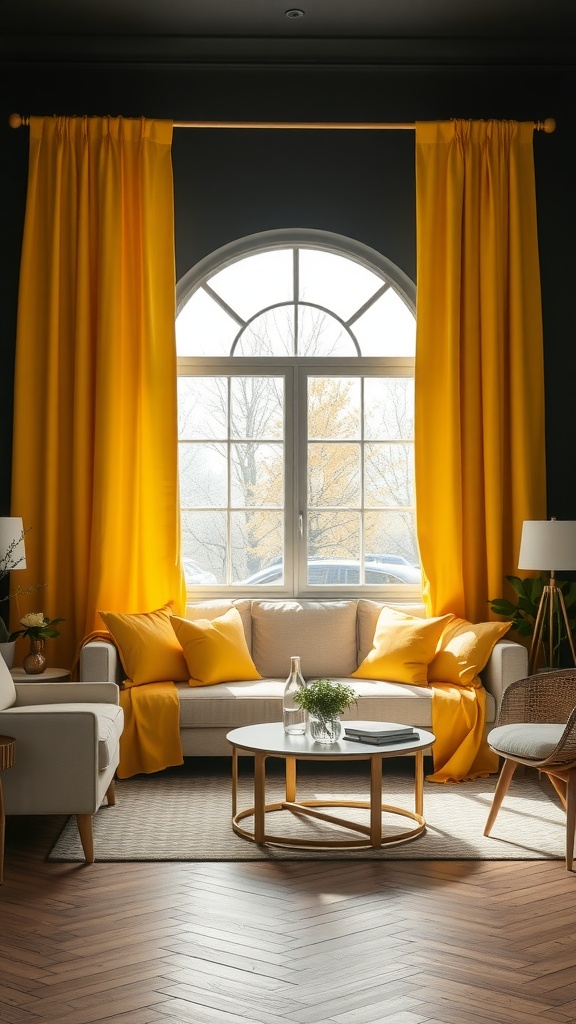 Living room featuring yellow curtains against black walls, showcasing a cozy sofa and stylish decor.