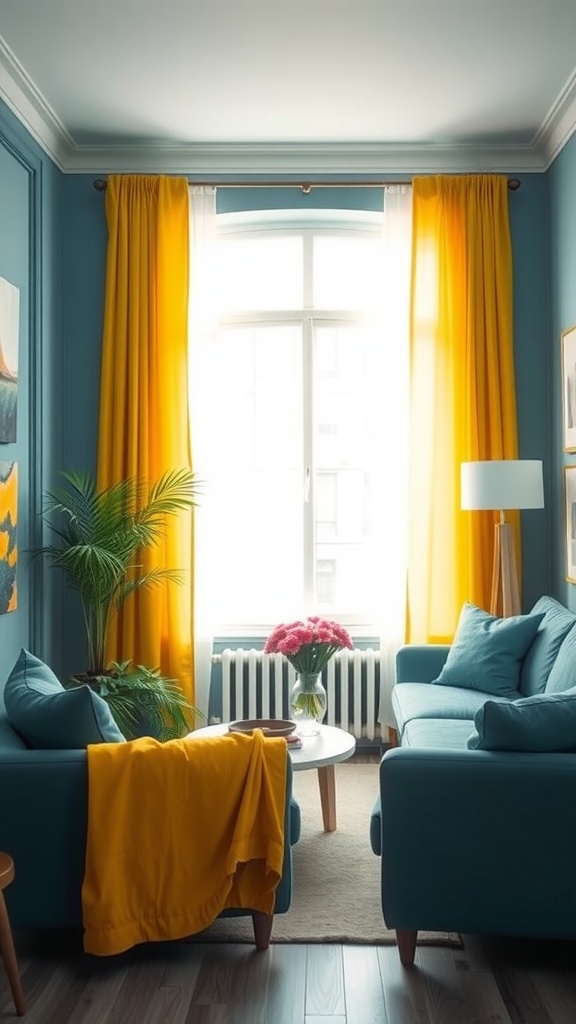 A living room with yellow curtains, blue sofas, and a bright atmosphere.