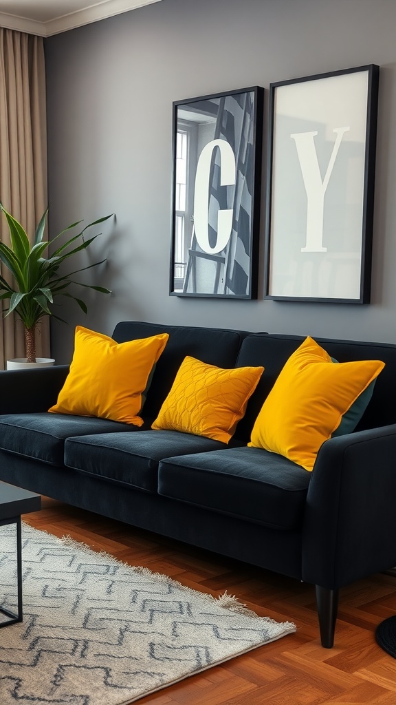 A black sofa with bright yellow decorative pillows, set in a modern living room.