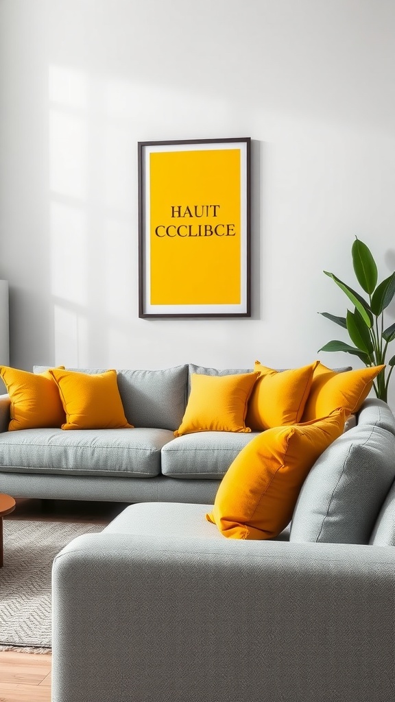 A grey sofa adorned with yellow decorative pillows, complemented by a yellow artwork on the wall.