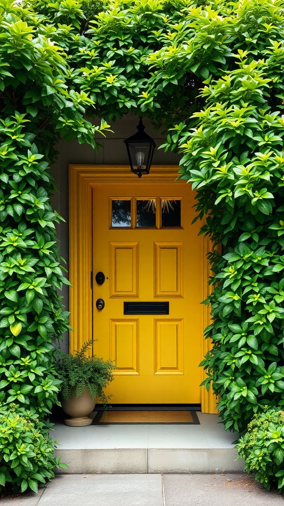 A yellow front door surrounded by lush green plants, featuring a light fixture and a potted plant.