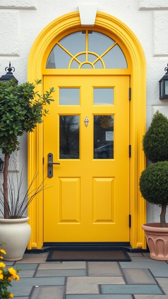 A bright yellow front door featuring geometric patterns and an arched window, surrounded by potted plants.